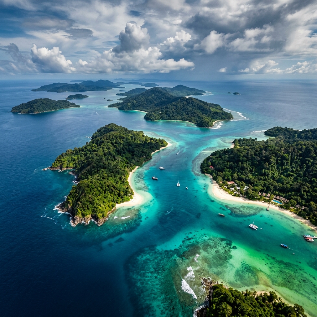Aerial view of the Andaman islands and reefs